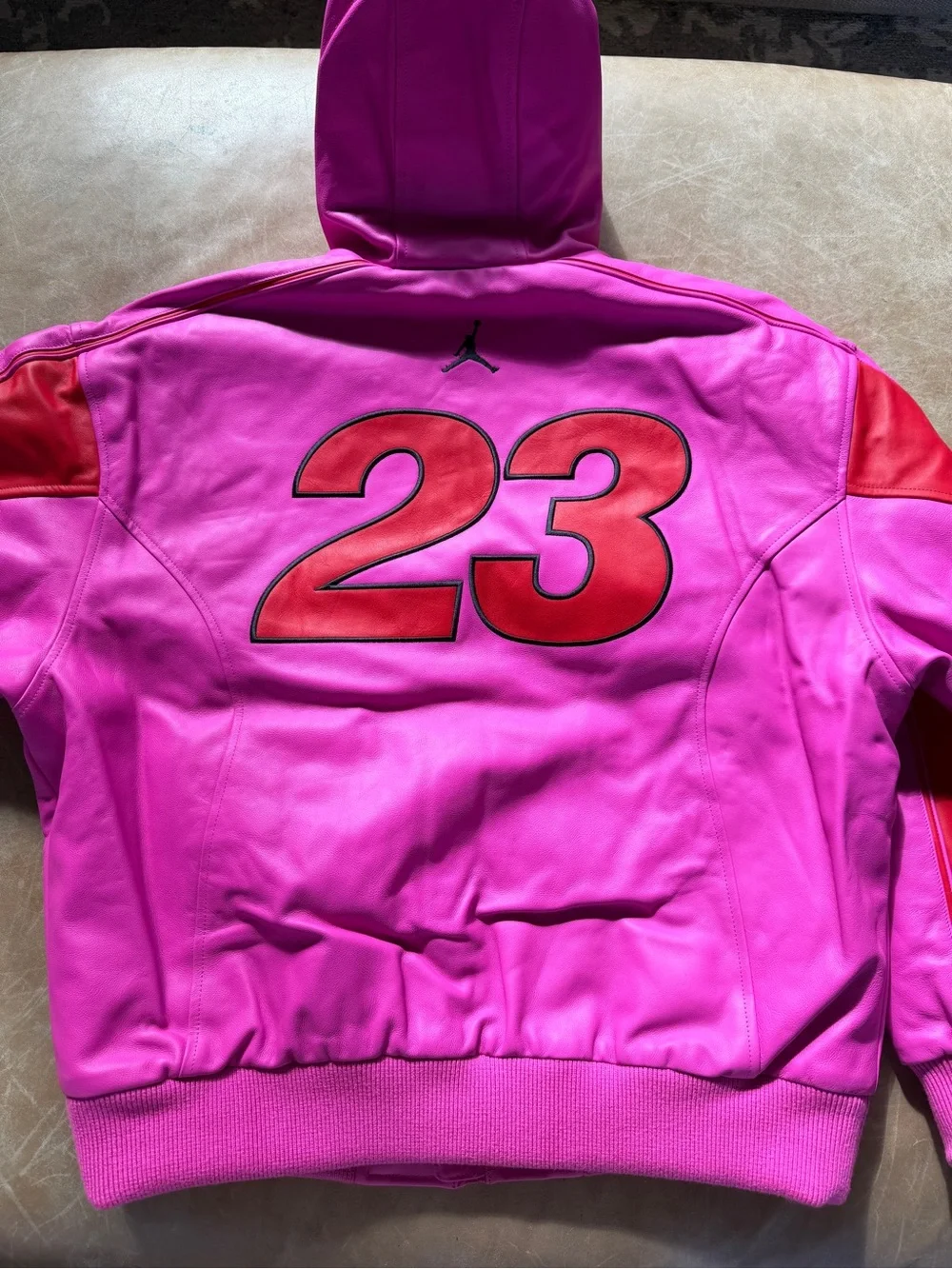Jordan Pink Hooded Bomber Jacket with Red Sleeve Panels